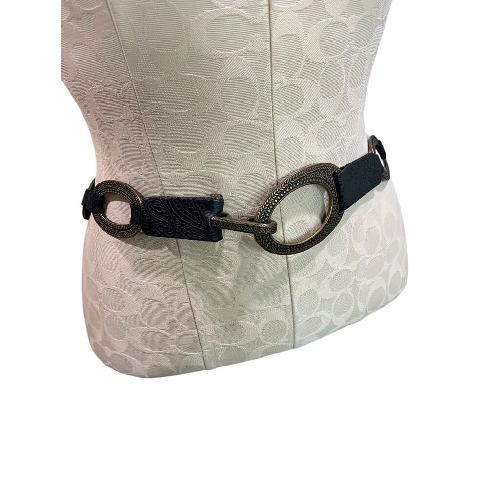 One Size Womens Brass and Tooled Leather Womens Link Stretch Belt